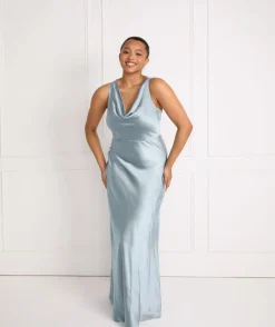 Cowl Front Satin Bridesmaid Dress - Dusty Blue