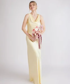 Cowl Front Satin Bridesmaid Dress - Butter Lemon