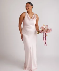 Cowl Front Satin Bridesmaid Dress - Pale Pink