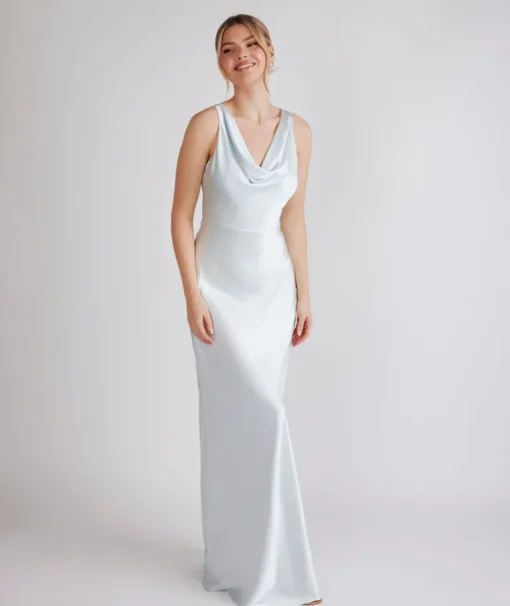 Cowl Front Satin Bridesmaid Dress - Ice Blue