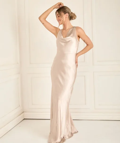 Cowl Front Satin Bridesmaid Dress - Oyster