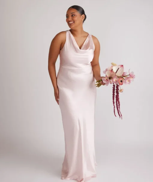 Cowl Front Satin Bridesmaid Dress - Pale Pink
