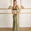 Cowl Front Satin Bridesmaid Dress - Moss Green