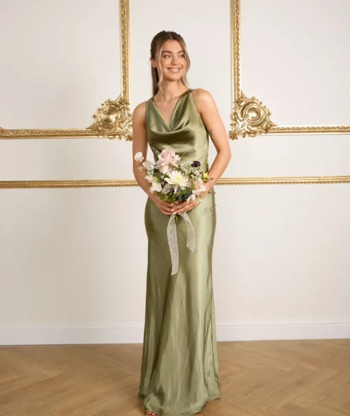 Cowl Front Satin Bridesmaid Dress - Moss Green