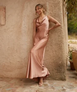 Cowl Front Satin Bridesmaid Dress - Burnt Peach