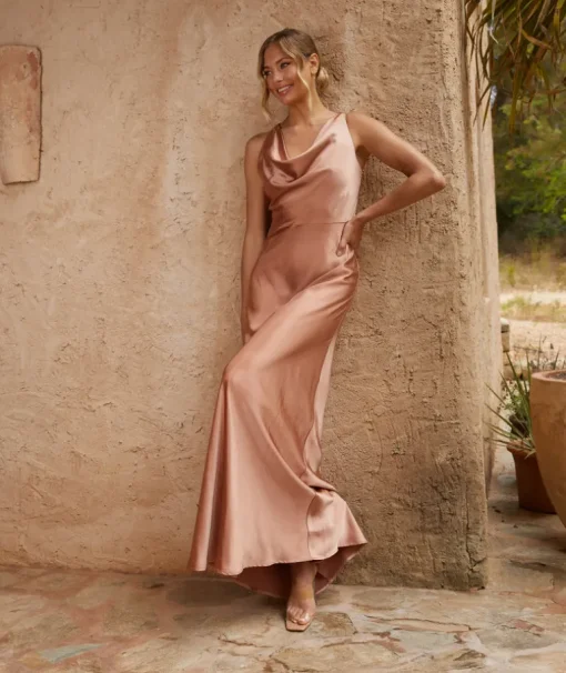 Cowl Front Satin Bridesmaid Dress - Burnt Peach