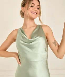 Cowl Front Satin Bridesmaid Dress - Sage