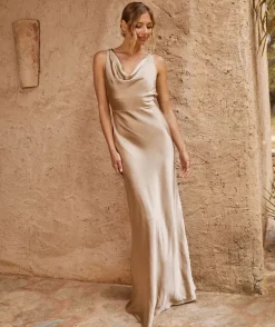 Cowl Front Satin Bridesmaid Dress - Champagne