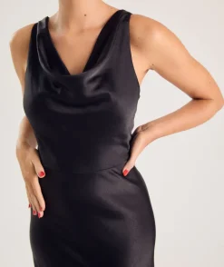 Cowl Front Satin Bridesmaid Dress - Black