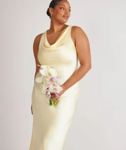 Cowl Front Satin Bridesmaid Dress - Butter Lemon