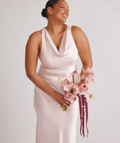 Cowl Front Satin Bridesmaid Dress - Pale Pink