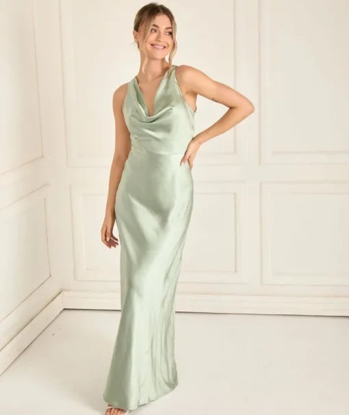 Cowl Front Satin Bridesmaid Dress - Sage