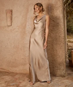 Cowl Front Satin Bridesmaid Dress - Champagne