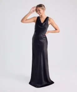 Cowl Front Satin Bridesmaid Dress - Black