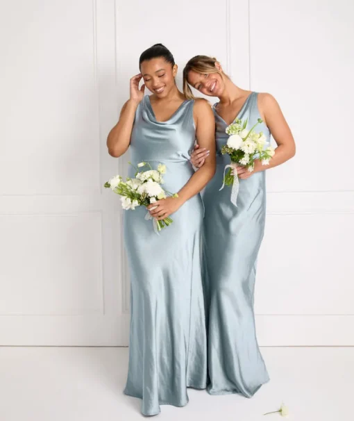 Cowl Front Satin Bridesmaid Dress - Dusty Blue