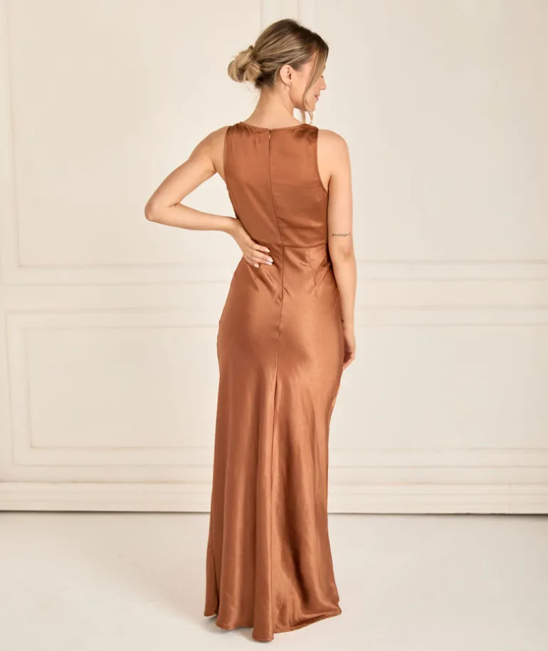Cowl Front Satin Bridesmaid Dress - Rust