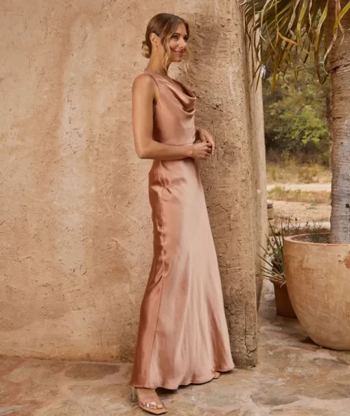 Cowl Front Satin Bridesmaid Dress - Burnt Peach
