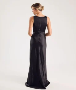 Cowl Front Satin Bridesmaid Dress - Black