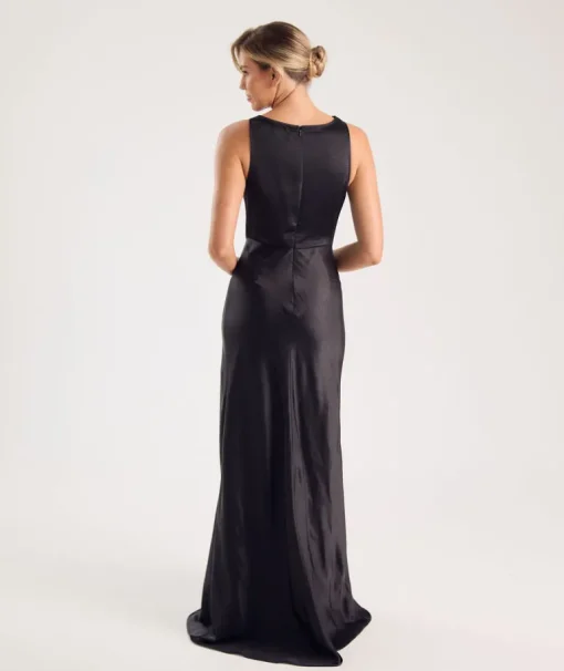 Cowl Front Satin Bridesmaid Dress - Black