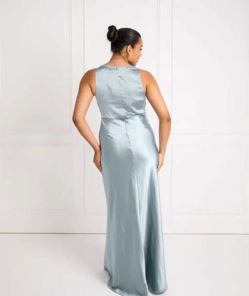 Cowl Front Satin Bridesmaid Dress - Dusty Blue