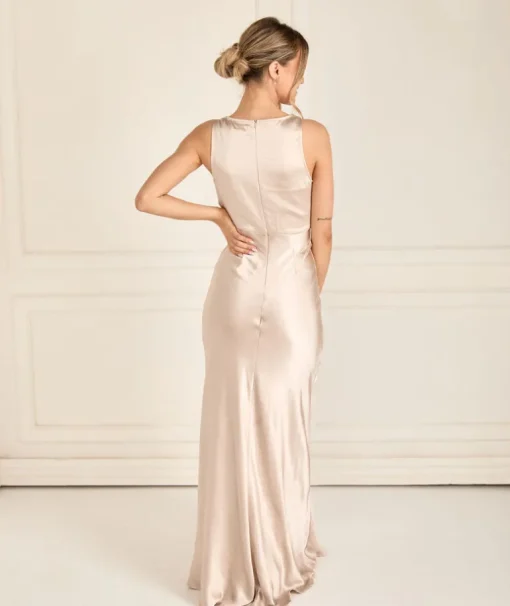 Cowl Front Satin Bridesmaid Dress - Oyster