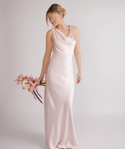 Cowl Front Satin Bridesmaid Dress - Pale Pink