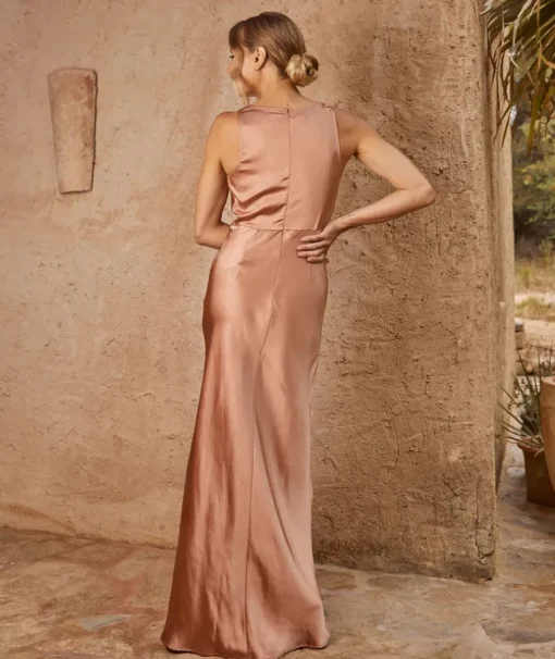 Cowl Front Satin Bridesmaid Dress - Burnt Peach