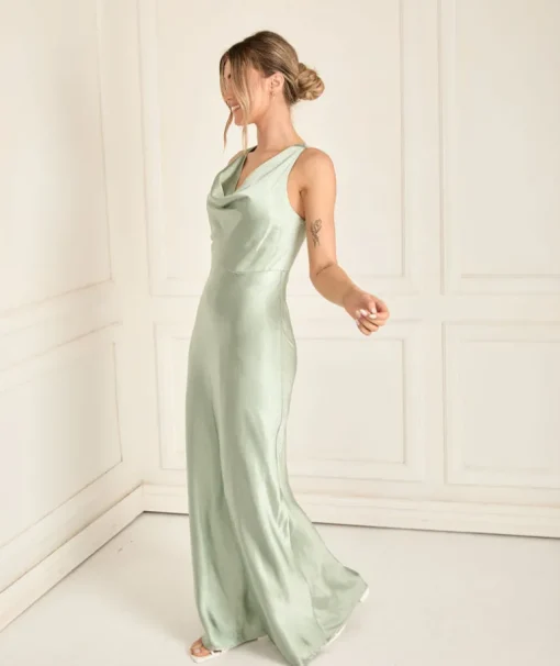 Cowl Front Satin Bridesmaid Dress - Sage