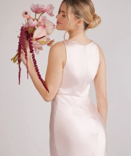 Cowl Front Satin Bridesmaid Dress - Pale Pink