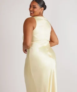 Cowl Front Satin Bridesmaid Dress - Butter Lemon