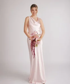 Cowl Front Satin Bridesmaid Dress - Pale Pink