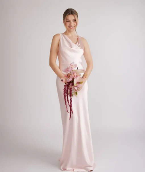 Cowl Front Satin Bridesmaid Dress - Pale Pink