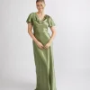 Cowl Front Satin Short Sleeve Bridesmaid Dress - Moss Green