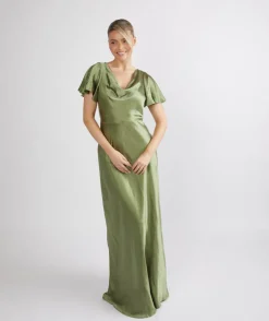 Cowl Front Satin Short Sleeve Bridesmaid Dress - Moss Green