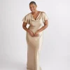 Cowl Front Satin Short Sleeve Bridesmaid Dress - Champagne