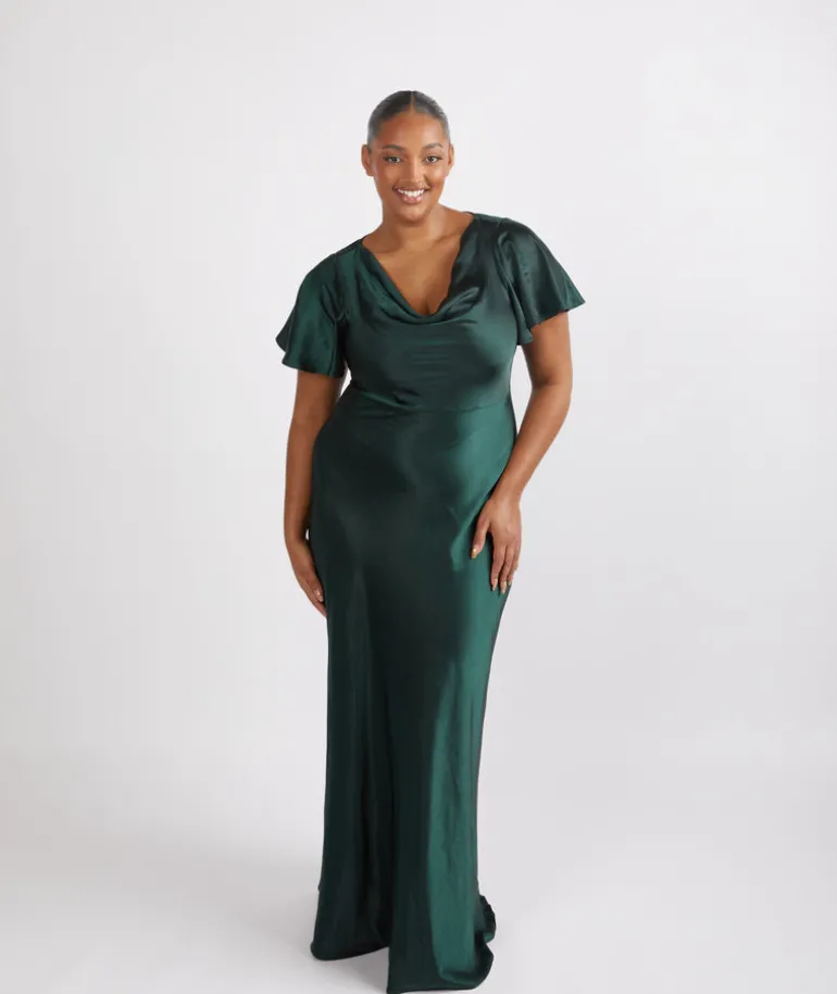 Cowl Front Satin Short Sleeve Bridesmaid Dress - Emerald