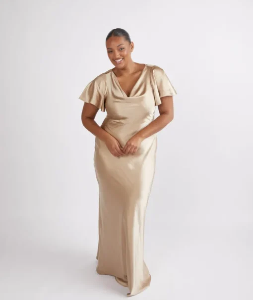 Cowl Front Satin Short Sleeve Bridesmaid Dress - Champagne