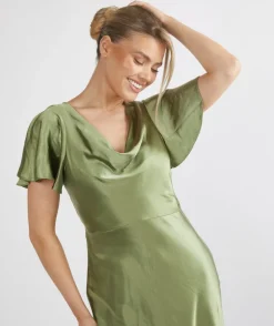 Cowl Front Satin Short Sleeve Bridesmaid Dress - Moss Green
