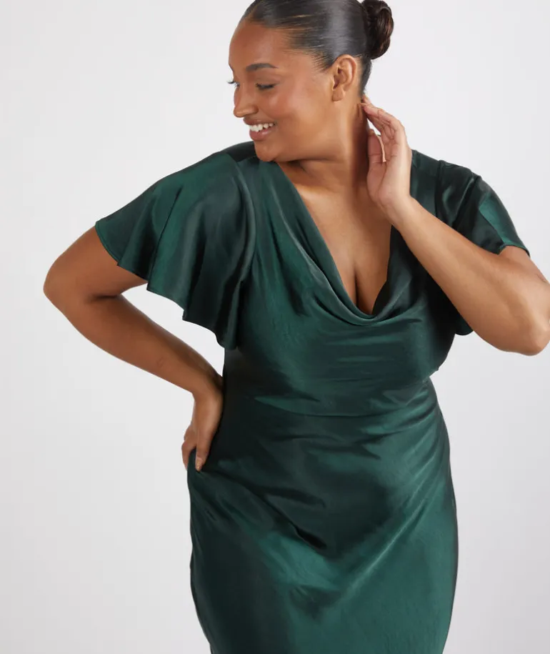 Cowl Front Satin Short Sleeve Bridesmaid Dress - Emerald