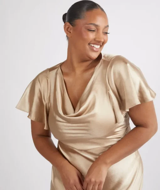 Cowl Front Satin Short Sleeve Bridesmaid Dress - Champagne