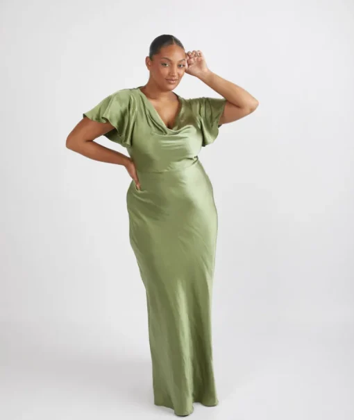 Cowl Front Satin Short Sleeve Bridesmaid Dress - Moss Green