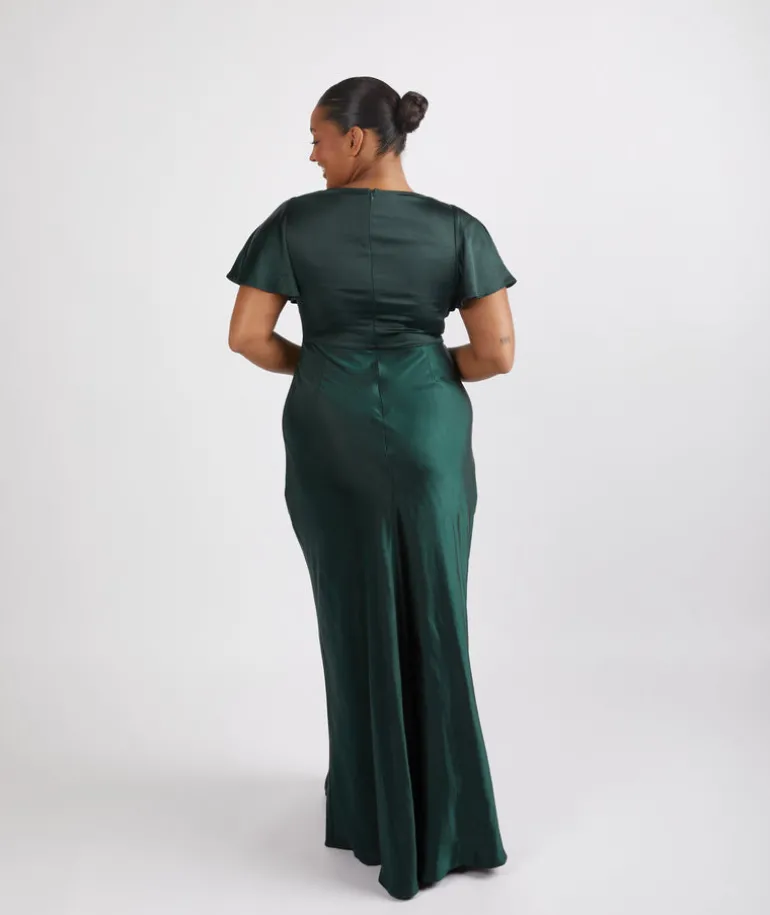 Cowl Front Satin Short Sleeve Bridesmaid Dress - Emerald