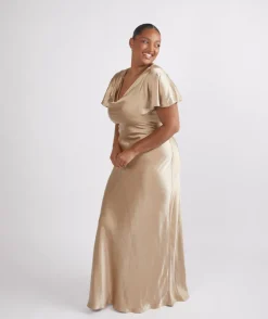 Cowl Front Satin Short Sleeve Bridesmaid Dress - Champagne