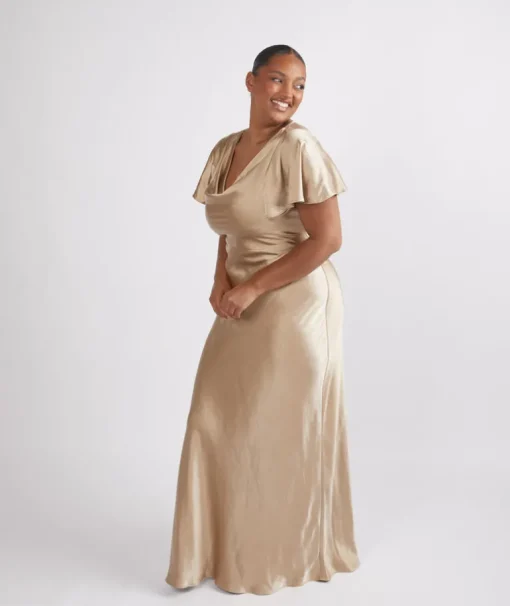 Cowl Front Satin Short Sleeve Bridesmaid Dress - Champagne