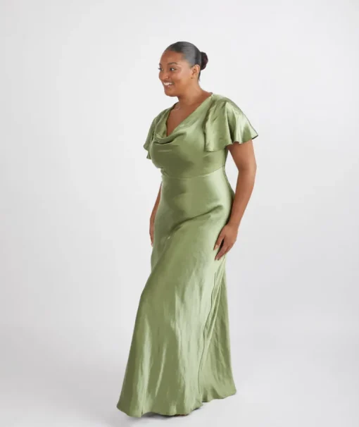 Cowl Front Satin Short Sleeve Bridesmaid Dress - Moss Green
