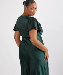 Cowl Front Satin Short Sleeve Bridesmaid Dress - Emerald