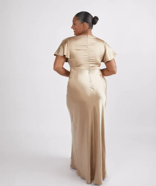 Cowl Front Satin Short Sleeve Bridesmaid Dress - Champagne