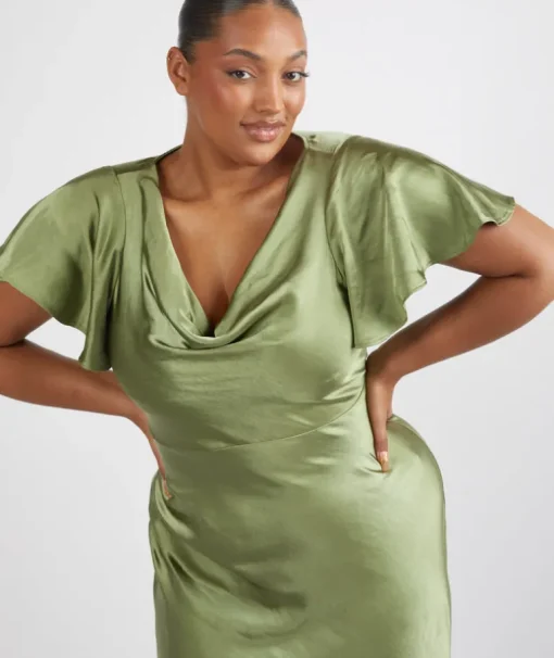 Cowl Front Satin Short Sleeve Bridesmaid Dress - Moss Green