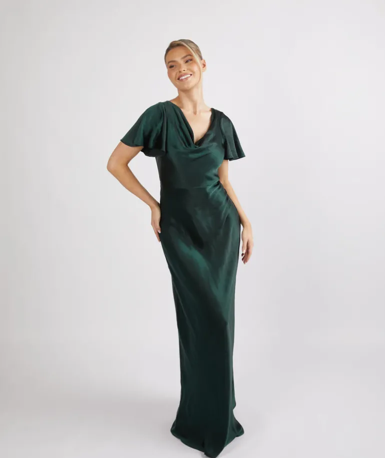 Cowl Front Satin Short Sleeve Bridesmaid Dress - Emerald