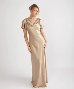 Cowl Front Satin Short Sleeve Bridesmaid Dress - Champagne